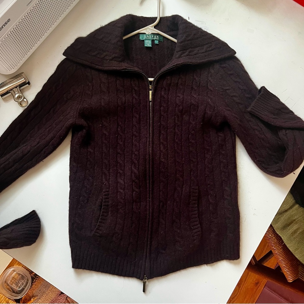 Ralph Lauren Chocolate Brown Zip Knit Cardigan
 S Angora